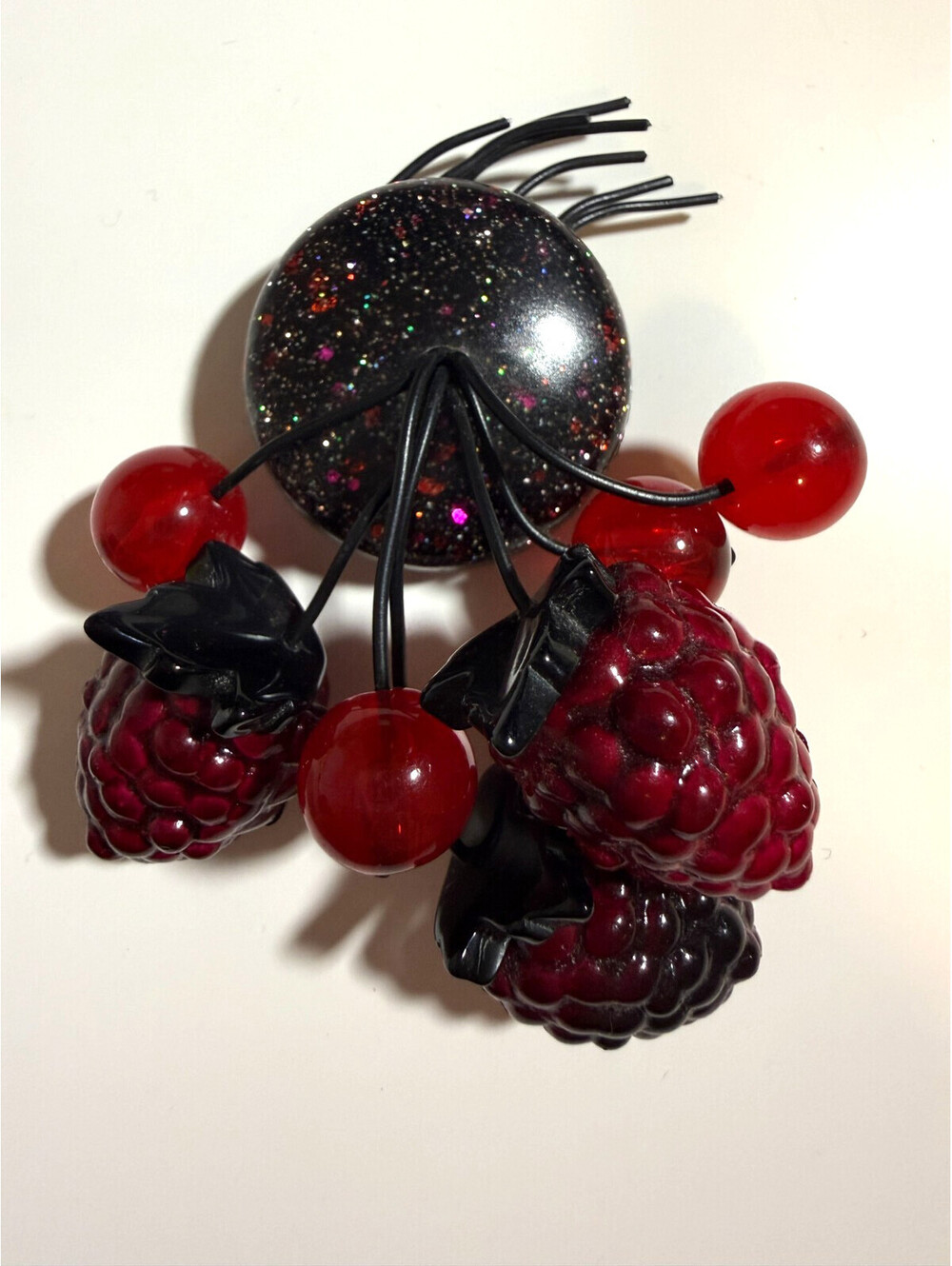 Blackberry Confetti Brooch - Luxulite Fruit Glitter Reproduction Lucite MCM Pin